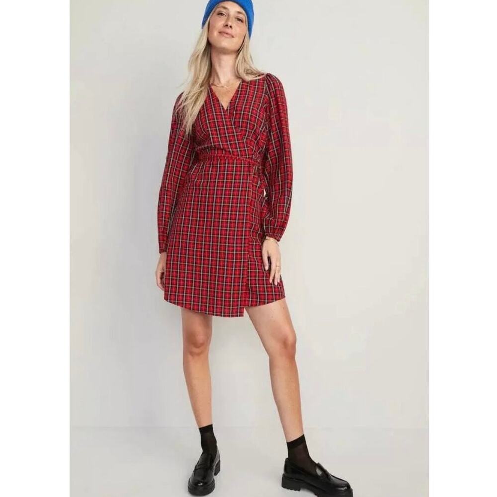 Old Navy XL Red Tartan Plaid V-Neck Wrap Long Sleeve Holiday Mini Dress NWT - Picture 4 of 13